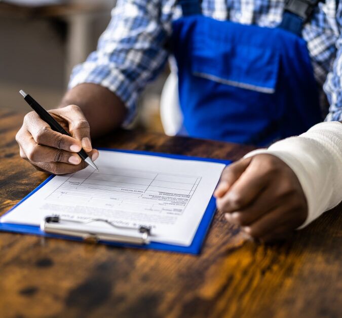 worker with wrist injury filling out a workers compensation claim